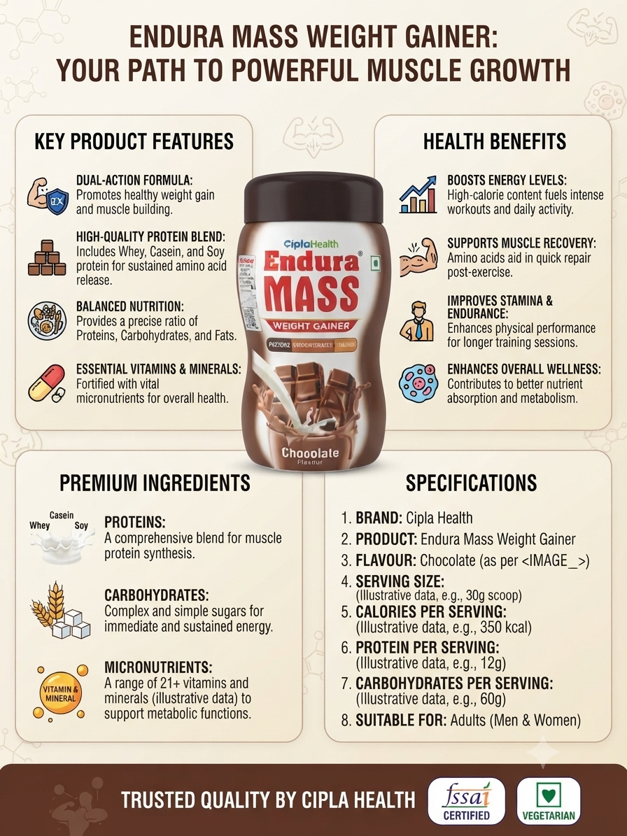 Cipla Health Endura Mass Weight Gainer, Chocolate Flavour, Protein & Carbohydrate Nutrition Supplement with Whey, Casein & Soy Protein, Vitamins & Minerals, For Adults