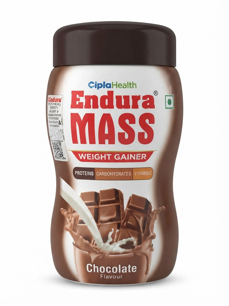 Cipla Health Endura Mass Weight Gainer, Chocolate Flavour, Protein & Carbohydrate Nutrition Supplement with Whey, Casein & Soy Protein, Vitamins & Minerals, For Adults