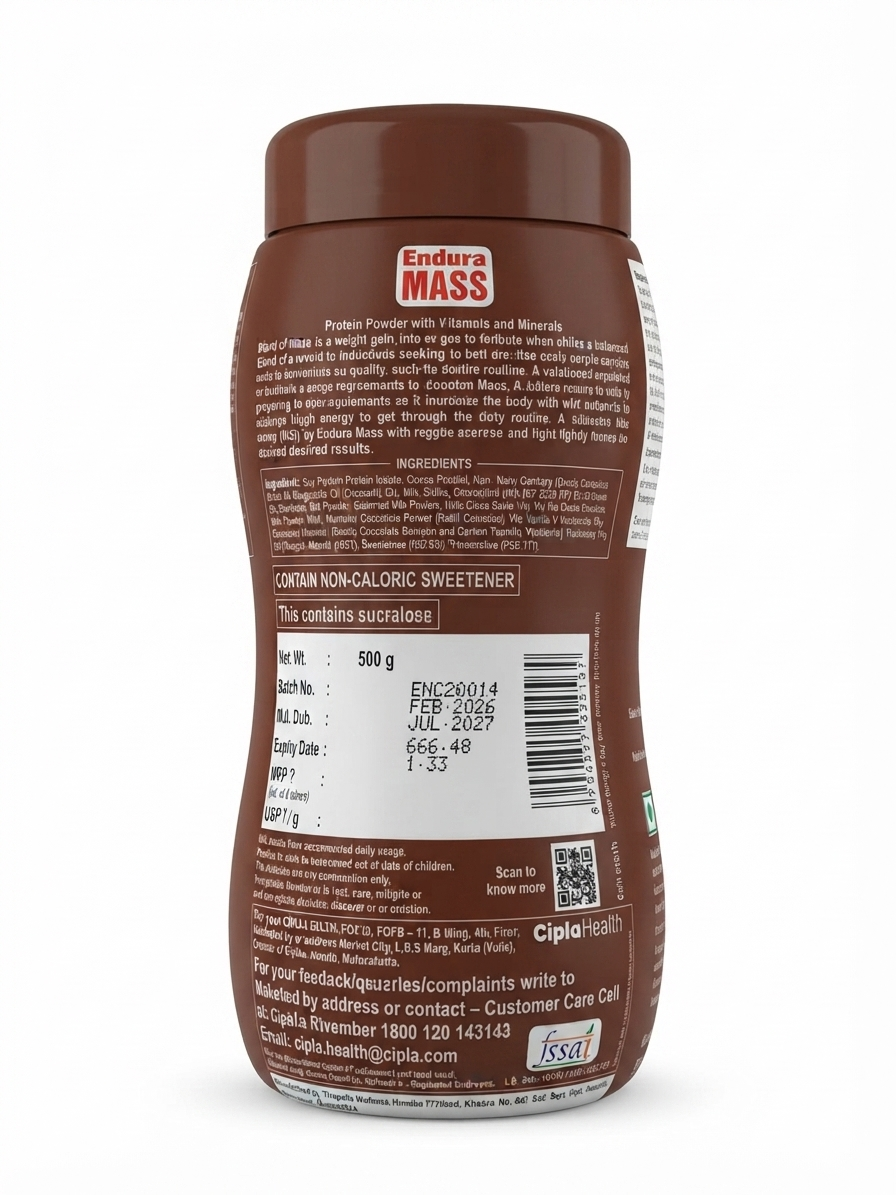 Cipla Health Endura Mass Weight Gainer, Chocolate Flavour, Protein & Carbohydrate Nutrition Supplement with Whey, Casein & Soy Protein, Vitamins & Minerals, For Adults