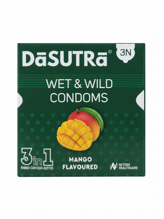 DaSUTRA Wet & Wild Condoms Mango Flavoured, Ribbed Contoured Dotted Texture, Lubricated Condoms for Enhanced Sensation, Individually Sealed, Pack of 3