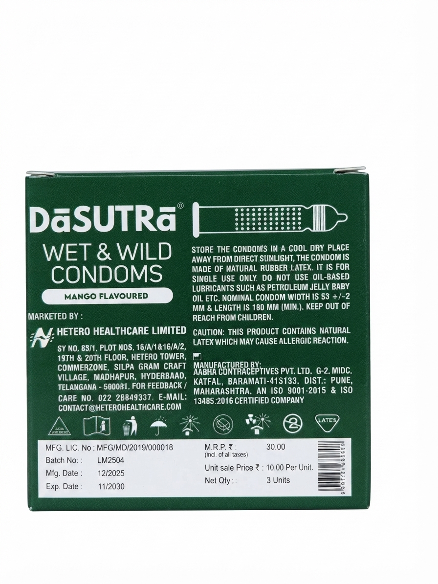 DaSUTRA Wet & Wild Condoms Mango Flavoured, Ribbed Contoured Dotted Texture, Lubricated Condoms for Enhanced Sensation, Individually Sealed, Pack of 3