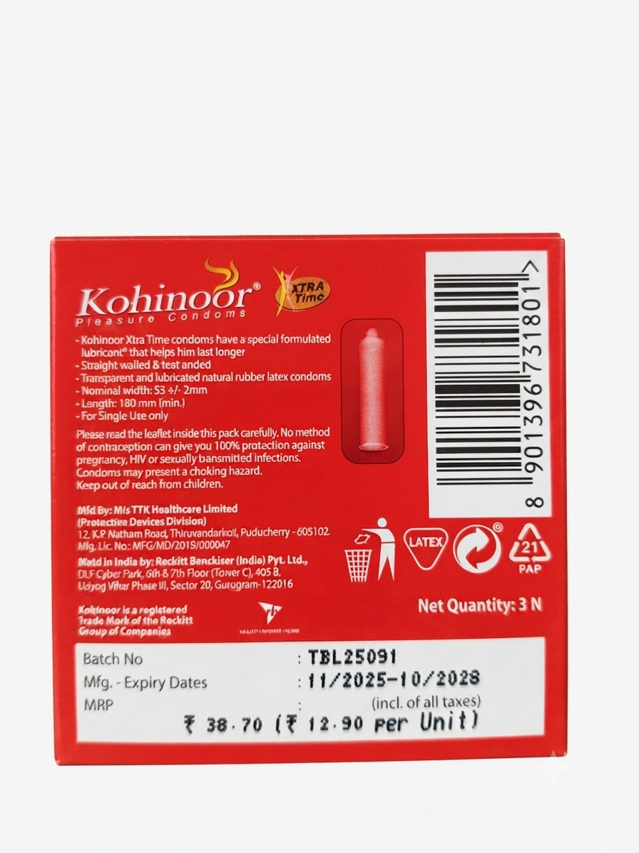 Kohinoor Xtra Time Condoms, 3 Count Pack, Lubricated Condoms for Couples, Extra Time Formula, Protection & Intimacy