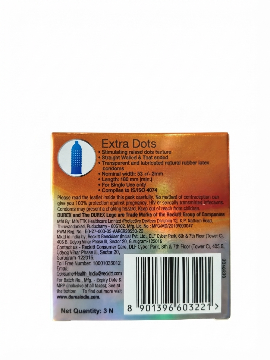 Durex Extra Dots Condoms, 3 Count Pack, Dotted Textured Condoms for Enhanced Stimulation, Lubricated Latex Condoms