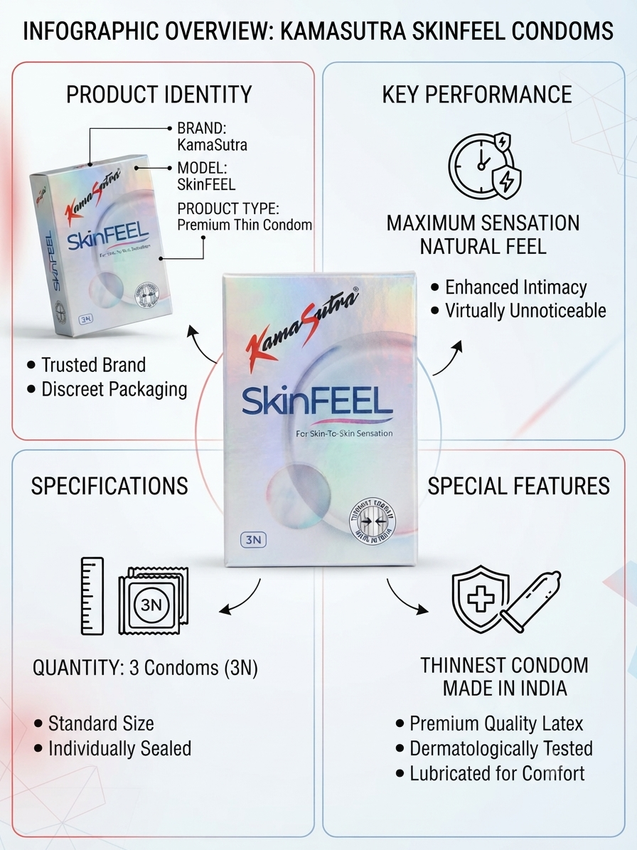 Kamasutra SkinFEEL Condoms, 3 Count Pack, Ultra Thin Condoms for Natural Sensation, Lubricated Latex Condoms, Individually Sealed