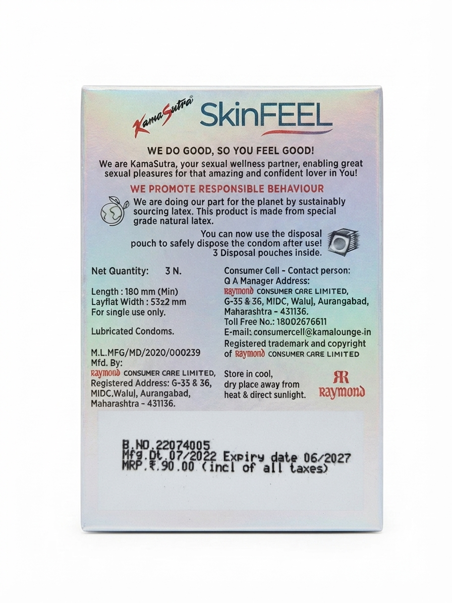 Kamasutra SkinFEEL Condoms, 3 Count Pack, Ultra Thin Condoms for Natural Sensation, Lubricated Latex Condoms, Individually Sealed