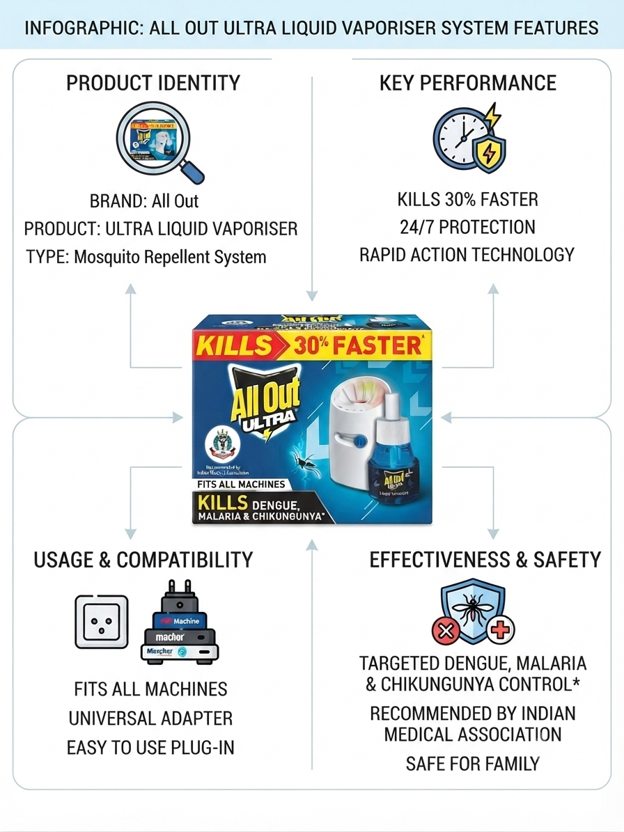All Out Ultra Liquid Vaporiser Refill, Mosquito Repellent Liquid, Fast Action Formula, Fits Compatible Liquid Vaporiser Machines, Easy Plug-In Mosquito Protection for Home