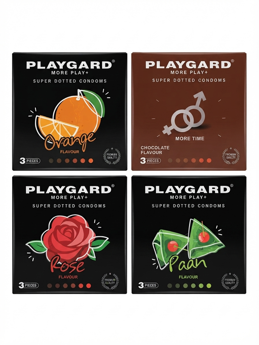 Playgard Flavoured Dotted Condoms, 3 Pieces Pack 4 box Orange, Chocolate, Rose & Paan, Ribbed/Dotted Texture for Enhanced Sensation