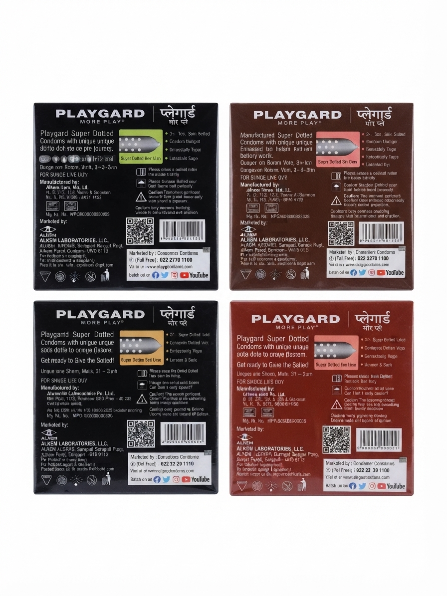 Playgard Flavoured Dotted Condoms, 3 Pieces Pack 4 box Orange, Chocolate, Rose & Paan, Ribbed/Dotted Texture for Enhanced Sensation