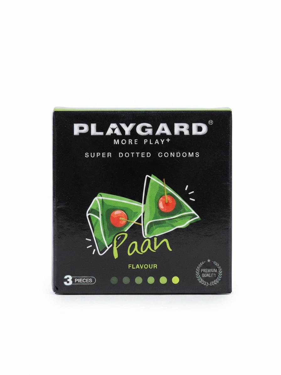 Playgard Flavoured Dotted Condoms, 3 Pieces Pack, Natural Rubber Latex, Pre-Lubricated, Assorted Flavours – Orange, Chocolate, Rose & Paan, Ribbed/Dotted Texture for Enhanced Sensation