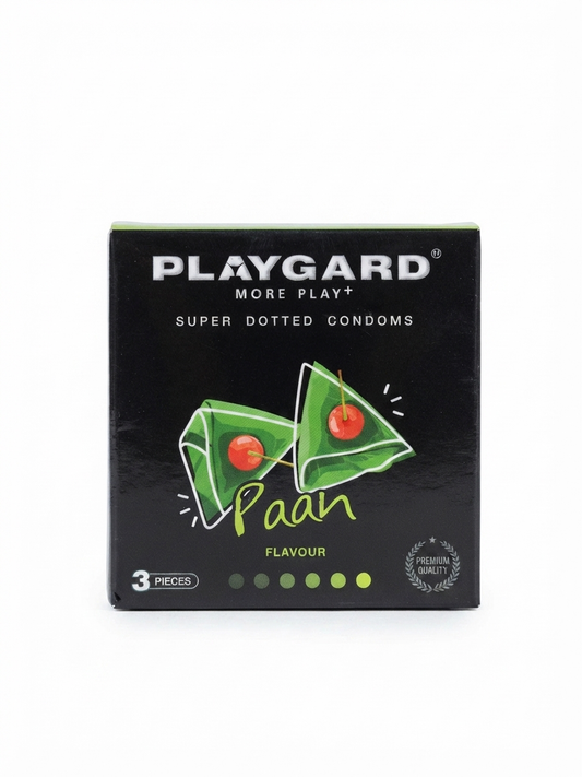 Playgard Flavoured Dotted Condoms, 3 Pieces Pack, Natural Rubber Latex, Pre-Lubricated, Assorted Flavours – Orange, Chocolate, Rose & Paan, Ribbed/Dotted Texture for Enhanced Sensation