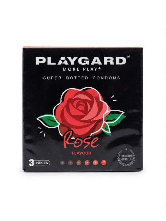 Playgard Flavoured Dotted Condoms, 3 Pieces Pack, Natural Rubber Latex, Pre-Lubricated, Assorted Flavours – Orange, Chocolate, Rose & Paan, Ribbed/Dotted Texture for Enhanced Sensation