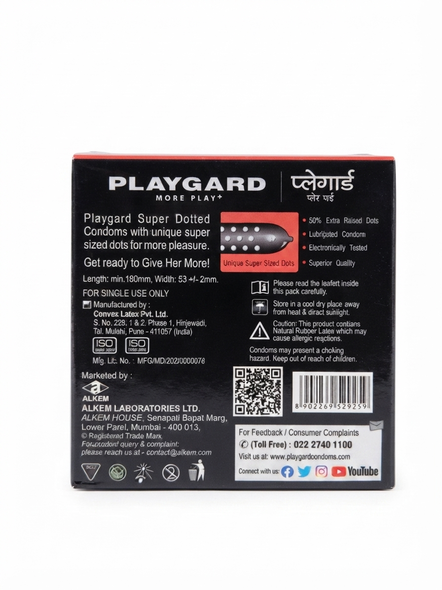 Playgard Flavoured Dotted Condoms, 3 Pieces Pack, Natural Rubber Latex, Pre-Lubricated, Assorted Flavours – Orange, Chocolate, Rose & Paan, Ribbed/Dotted Texture for Enhanced Sensation