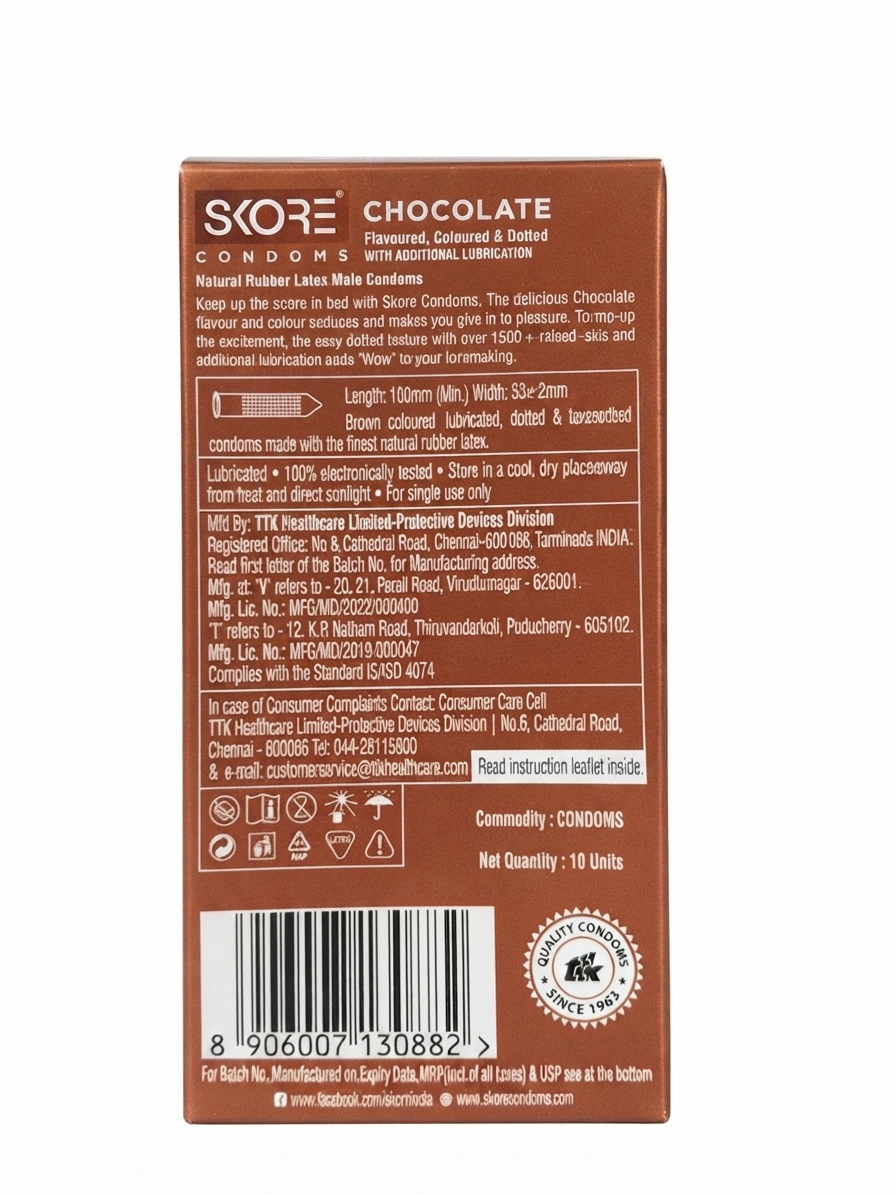 S.O.R.I Chocolate Flavoured Condoms, 10 Count, Dotted Texture, Additional Lubrication, Natural Rubber Latex, 53 ± 2 mm Width, Minimum 180 mm Length, Discreet Intimate Protection