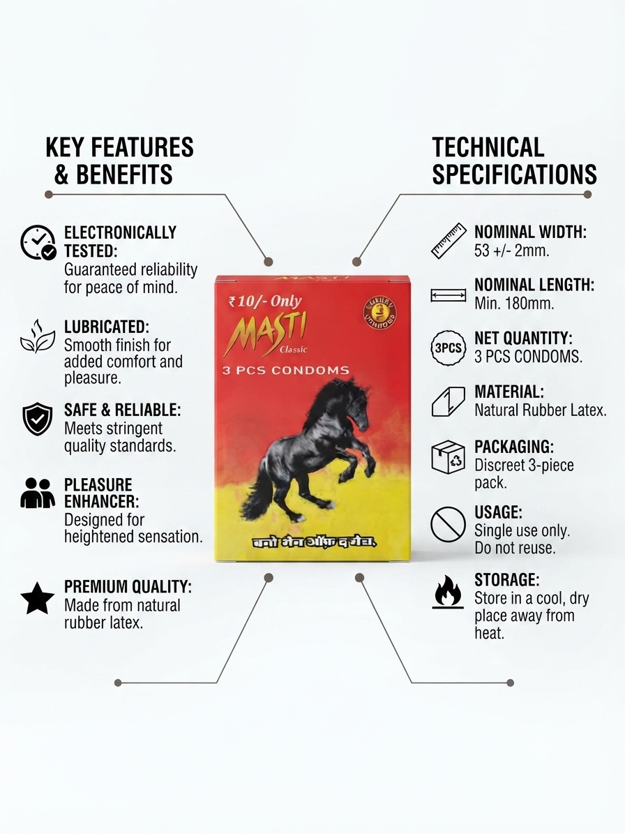 Masti Classic Condoms, 3 Pieces Pack, Lubricated Natural Rubber Latex Condoms, Standard Fit, 53 ± 2 mm Nominal Width, Minimum 180 mm Length, Single Use