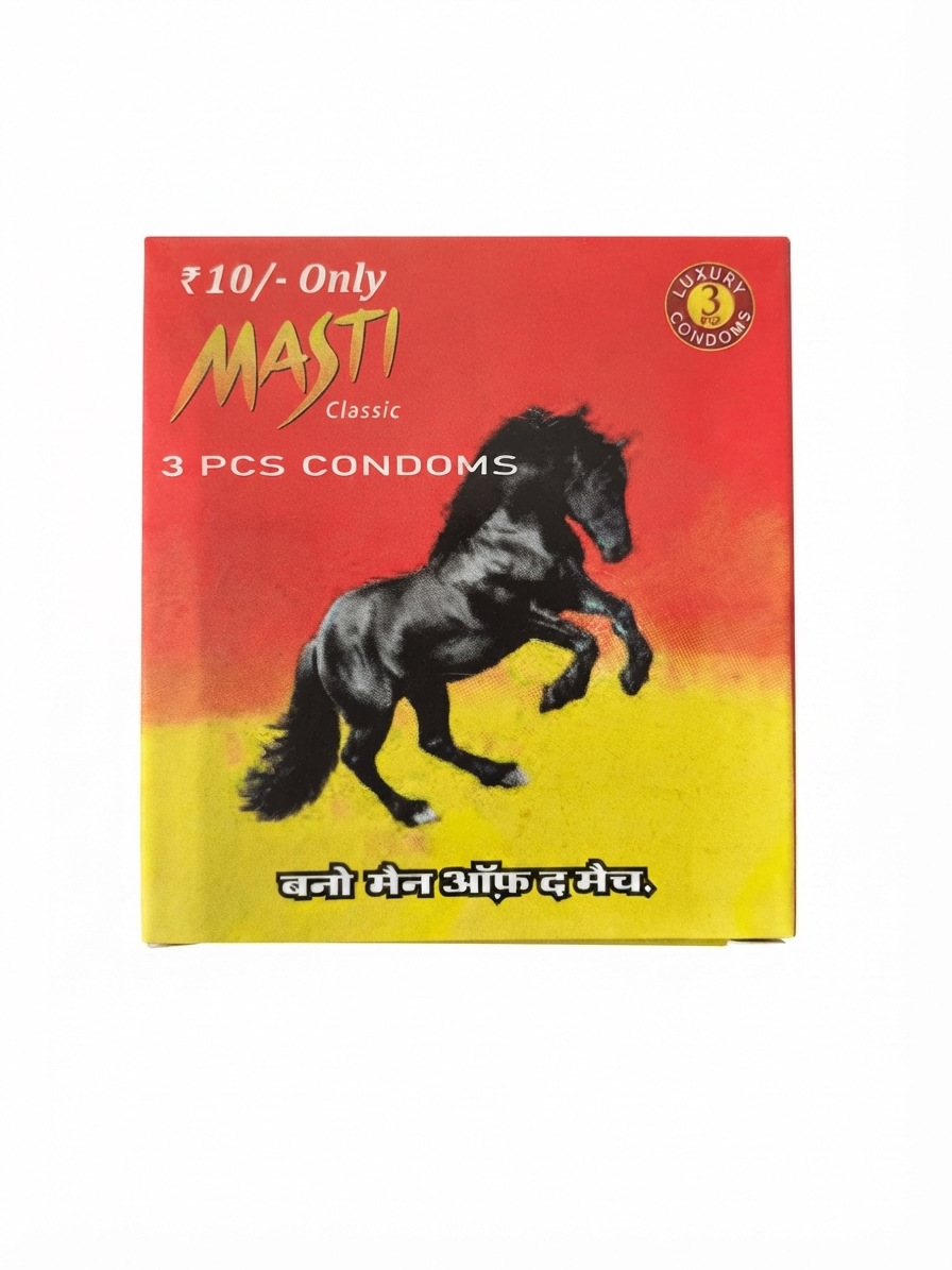 Masti Classic Condoms, 3 Pieces Pack, Lubricated Natural Rubber Latex Condoms, Standard Fit, 53 ± 2 mm Nominal Width, Minimum 180 mm Length, Single Use