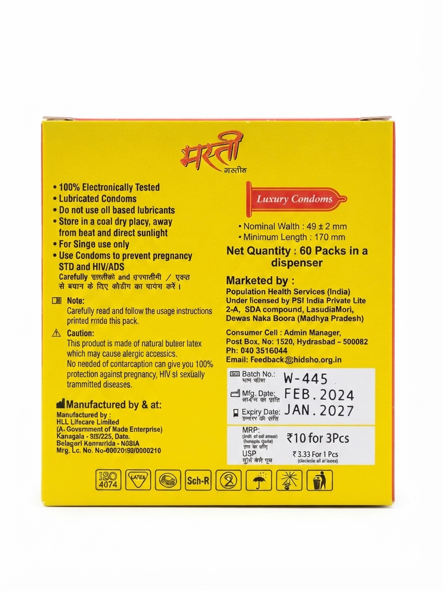 Masti Classic Condoms, 3 Pieces Pack, Lubricated Natural Rubber Latex Condoms, Standard Fit, 53 ± 2 mm Nominal Width, Minimum 180 mm Length, Single Use