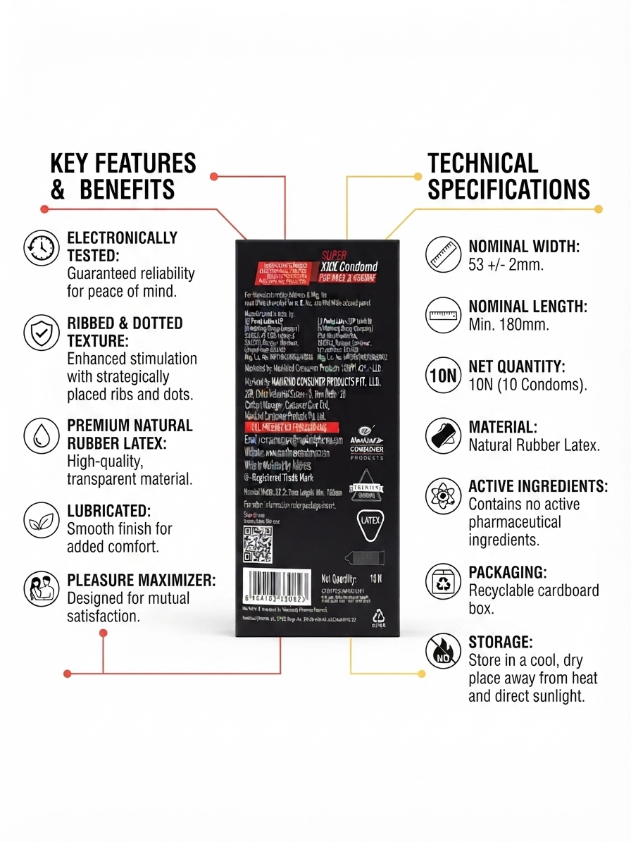 Product: Super XXL Condoms – 10 Count, Ribbed & Dotted, Lubricated, Natural Rubber Latex