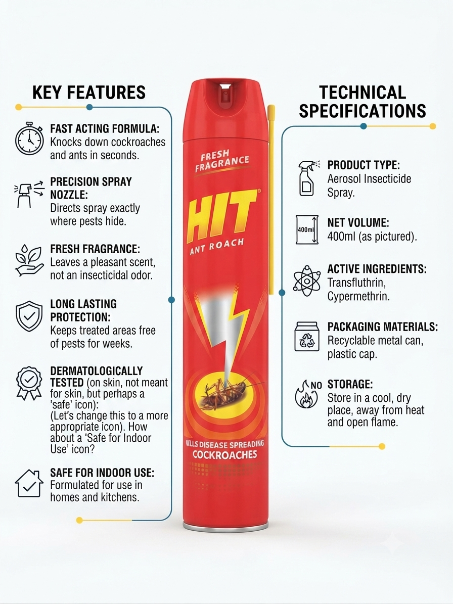 HIT Fresh Fragrance Ant & Roach Killer Spray – 400 ml Aerosol Insecticide
