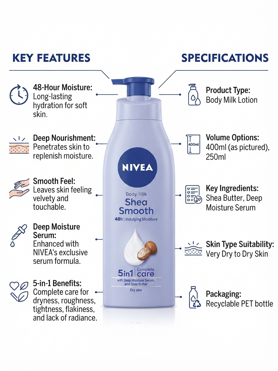 NIVEA Shea Smooth Body Milk Lotion, 400ml | 48H Deep Moisture | With Shea Butter & Deep Moisture Serum | For Dry to Very Dry Skin | 5-in-1 Complete Care