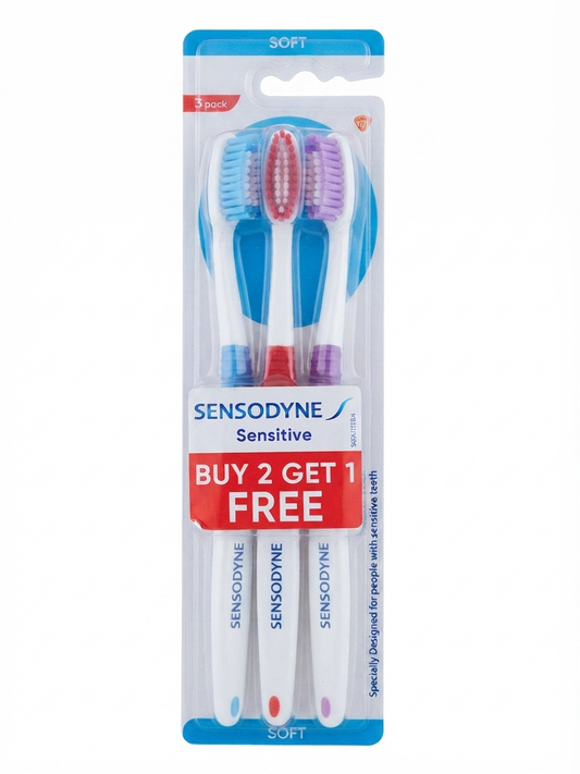 Sensodyne Sensitive Soft Toothbrush, 3 Pack | Soft Bristles for Sensitive Teeth & Gums | 3D Cleaning Head | Ergonomic Handle | Blue, Red & Purple