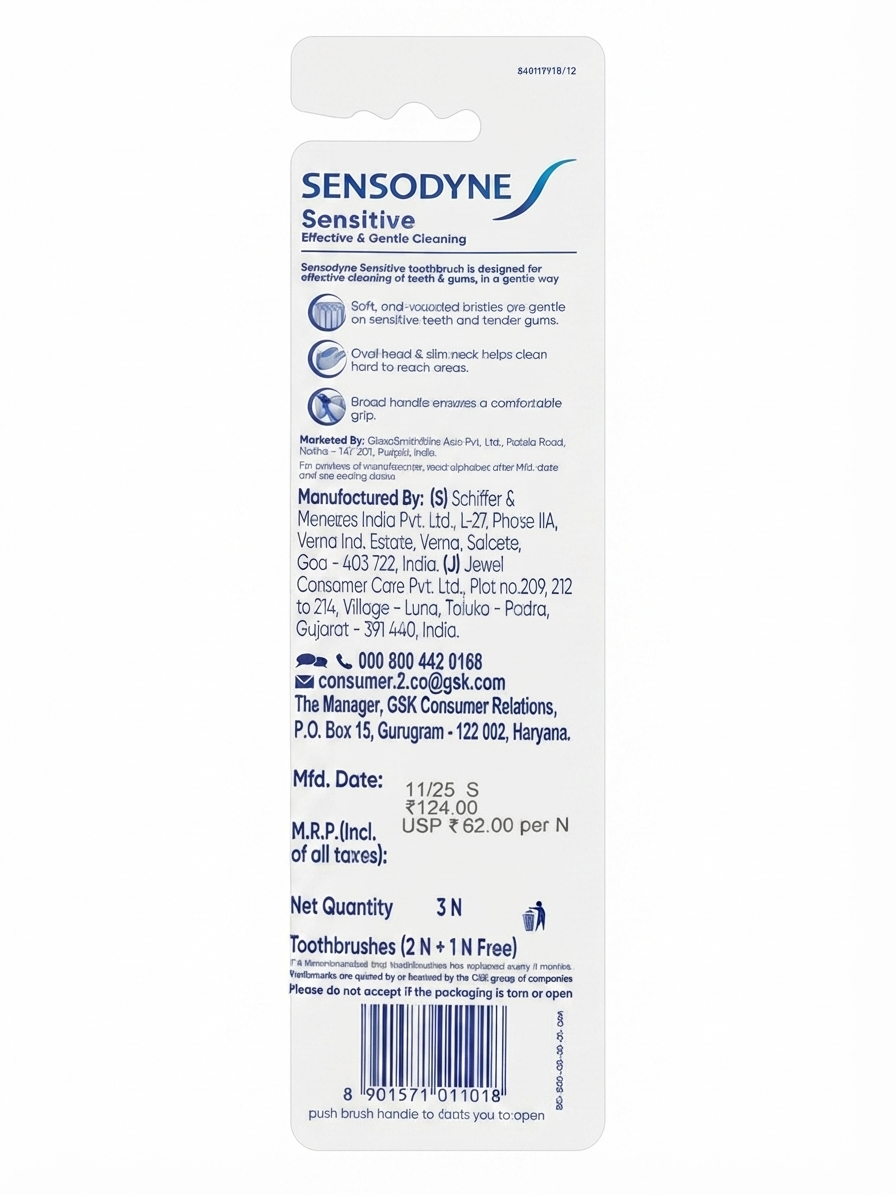 Sensodyne Sensitive Soft Toothbrush, 3 Pack | Soft Bristles for Sensitive Teeth & Gums | 3D Cleaning Head | Ergonomic Handle | Blue, Red & Purple