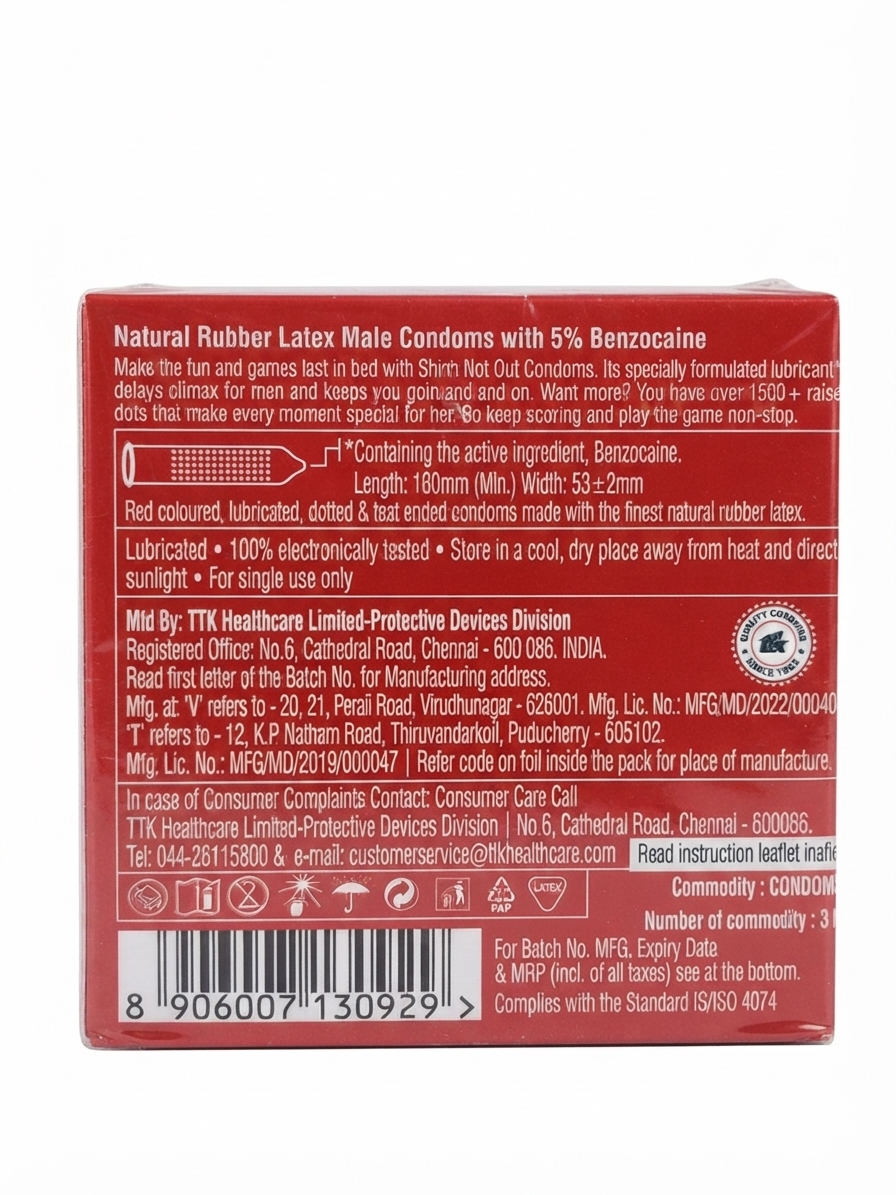 SKORE Not Out 3N Condoms, 3 Count | Climax Delay Condoms with Additional Lubrication | 1500+ Raised Dots for Stimulation | Natural Rubber Latex | ISO 4074 Compliant