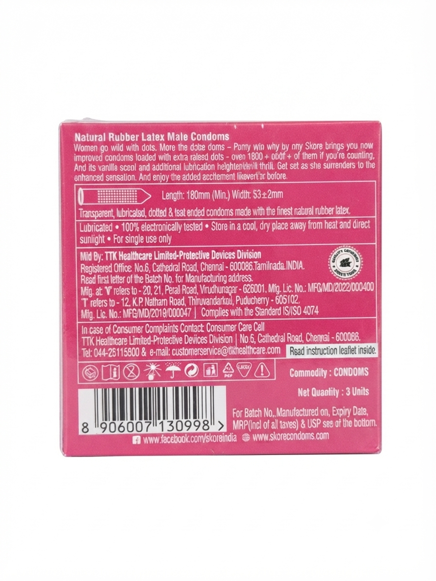 SKORE Not Out 3N Condoms, 3 Count | Climax Delay Condoms with Additional Lubrication | 1500+ Raised Dots for Stimulation | Natural Rubber Latex | ISO 4074 Compliant