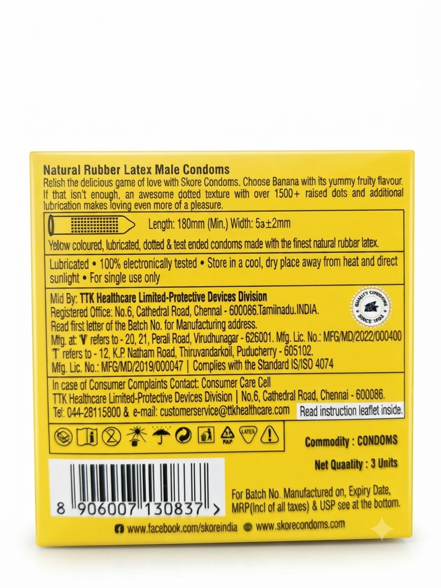 SKORE Not Out 3N Condoms, 3 Count | Climax Delay Condoms with Additional Lubrication | 1500+ Raised Dots for Stimulation | Natural Rubber Latex | ISO 4074 Compliant