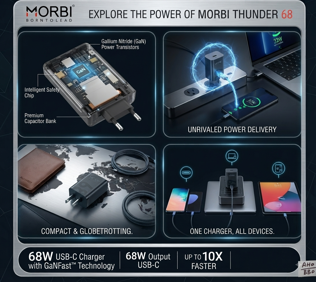 MORBI Thunder 68W GaNFast Charger, 68W USB-C Fast Charging Adapter with PPS Support, GaN Technology, Foldable Indian Plug, Fast Charger for Compatible Android Phones, iPhone, MacBook, Laptop & USB-C Devices