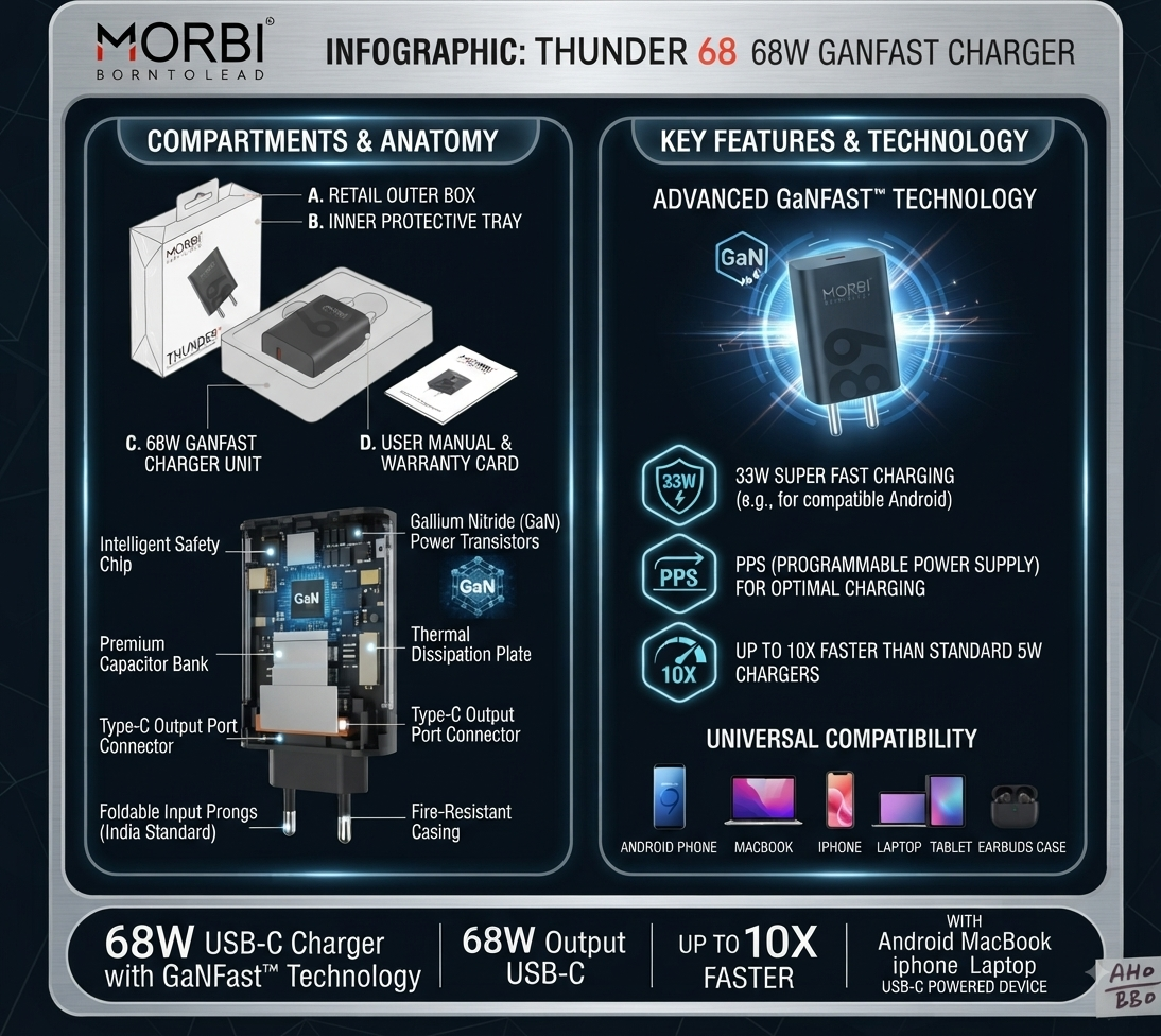MORBI Thunder 68W GaNFast Charger, 68W USB-C Fast Charging Adapter with PPS Support, GaN Technology, Foldable Indian Plug, Fast Charger for Compatible Android Phones, iPhone, MacBook, Laptop & USB-C Devices