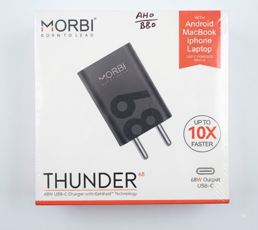 MORBI Thunder 68W GaNFast Charger, 68W USB-C Fast Charging Adapter with PPS Support, GaN Technology, Foldable Indian Plug, Fast Charger for Compatible Android Phones, iPhone, MacBook, Laptop & USB-C Devices
