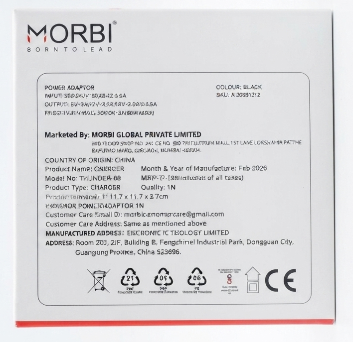 MORBI Thunder 68W GaNFast Charger, 68W USB-C Fast Charging Adapter with PPS Support, GaN Technology, Foldable Indian Plug, Fast Charger for Compatible Android Phones, iPhone, MacBook, Laptop & USB-C Devices
