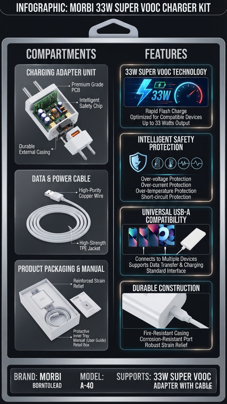 MORBI 33W Super VOOC Fast Charger Adapter with USB Cable, A-40 Charging Kit, USB-A Power Adapter, Fast Charging Compatible with Supported Devices