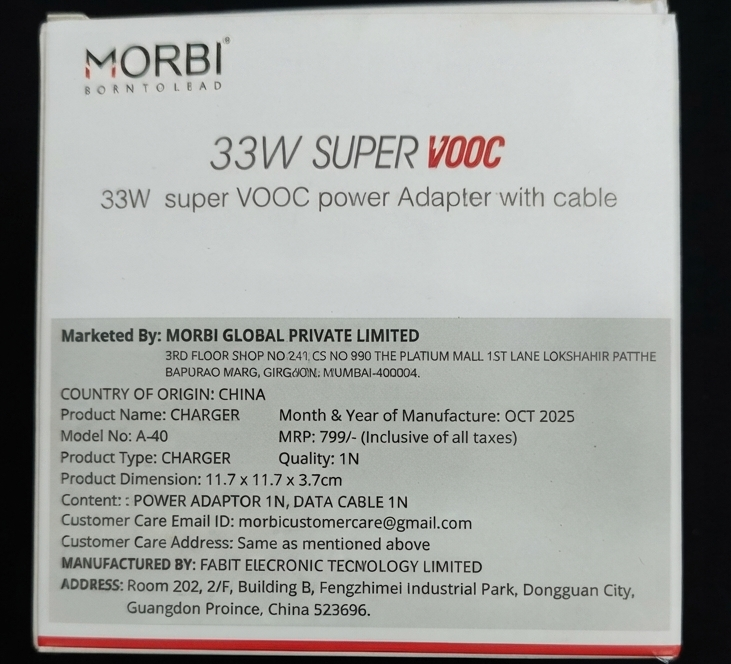 MORBI 33W Super VOOC Fast Charger Adapter with USB Cable, A-40 Charging Kit, USB-A Power Adapter, Fast Charging Compatible with Supported Devices