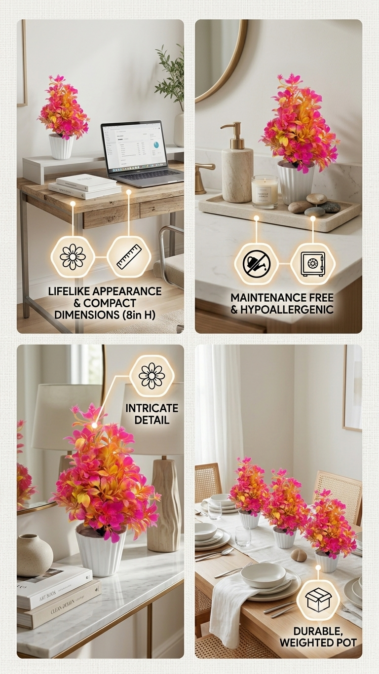 Product: Artificial Decorative Flower Plant with Pot – Pink & Yellow, Approx. 20 cm