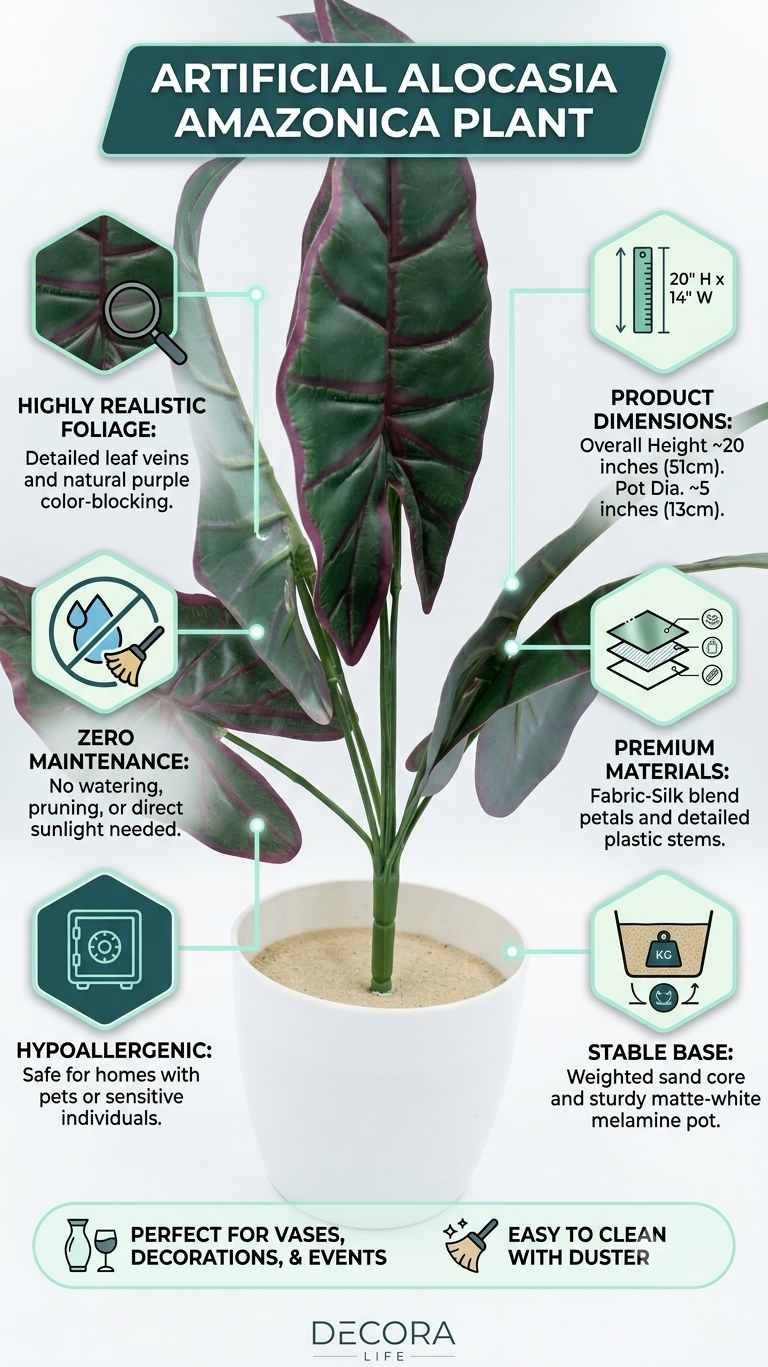 Artificial Alocasia Amazonica Plant 20 Inch, Realistic Faux Elephant Ear Plant with Purple Green Leaves, Maintenance Free Decorative Plant for Home, Office, Living Room, Bedroom & Events