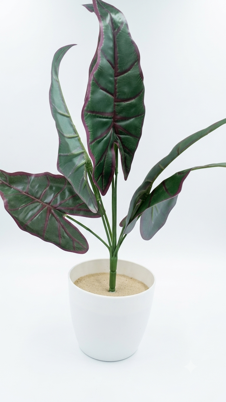 Artificial Alocasia Amazonica Plant 20 Inch, Realistic Faux Elephant Ear Plant with Purple Green Leaves, Maintenance Free Decorative Plant for Home, Office, Living Room, Bedroom & Events