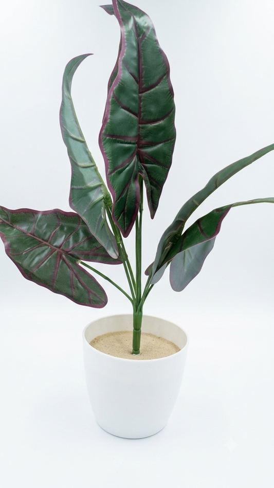 Artificial Alocasia Amazonica Plant 20 Inch, Realistic Faux Elephant Ear Plant with Purple Green Leaves, Maintenance Free Decorative Plant for Home, Office, Living Room, Bedroom & Events