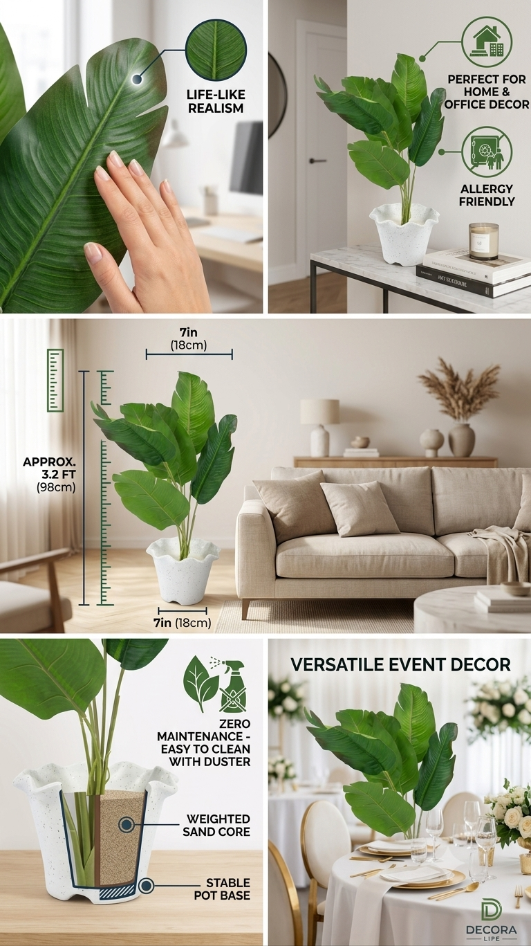 Artificial Traveller’s Palm Plant in Pot, 3.2 Feet Tall Faux Tropical Palm with Realistic Green Leaves, Maintenance Free Decorative Plant for Home, Living Room, Bedroom, Office & Events