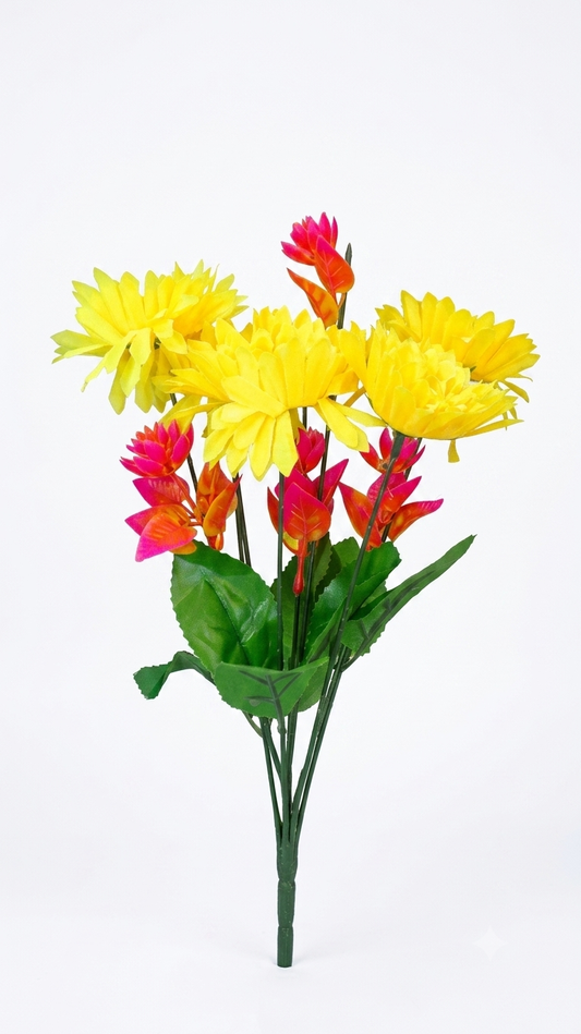 Mixed Artificial Floral Bouquet 14 Inch, Realistic Yellow & Orange Faux Flowers with Green Leaves, Maintenance Free Decorative Flower Bunch for Home, Office, Table, Vase & Event Decor