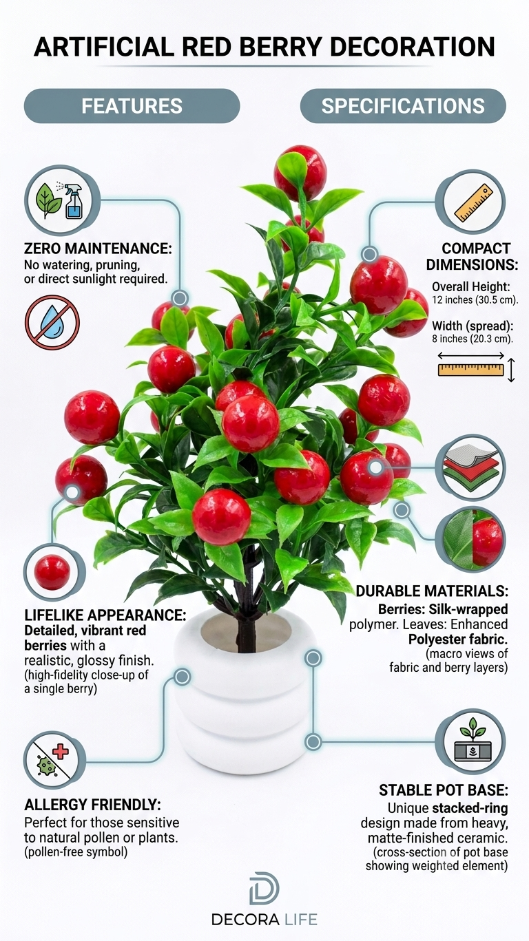 Artificial Red Berry Plant with Green Leaves & White Ceramic Pot, Realistic Decorative Berry Plant for Home Decor, Living Room, Bedroom, Office, Tabletop & Shelf Decoration