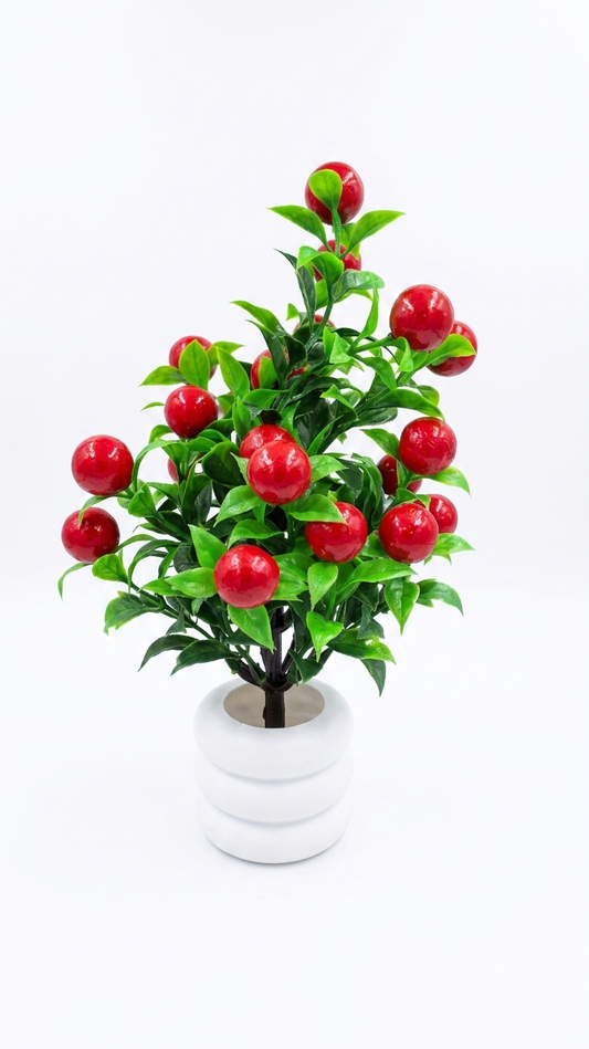 Artificial Red Berry Plant with Green Leaves & White Ceramic Pot, Realistic Decorative Berry Plant for Home Decor, Living Room, Bedroom, Office, Tabletop & Shelf Decoration