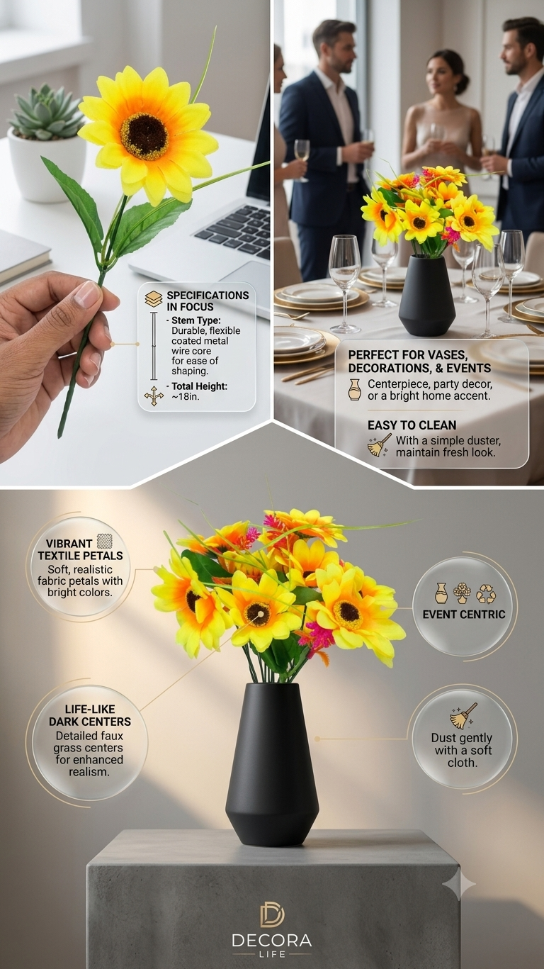 Artificial Sunflower Bouquet with Decorative Grass & Pink Flowers, Realistic Faux Sunflower Arrangement for Home Decor, Living Room, Bedroom, Office, Table Vase & Wedding Decoration
