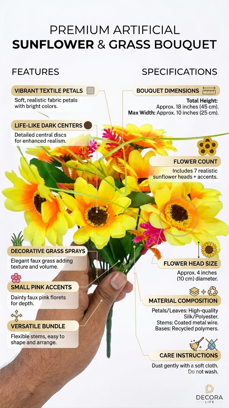 Artificial Sunflower Bouquet with Decorative Grass & Pink Flowers, Realistic Faux Sunflower Arrangement for Home Decor, Living Room, Bedroom, Office, Table Vase & Wedding Decoration