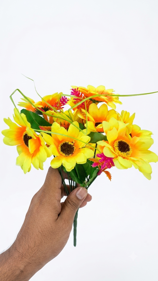 Artificial Sunflower Bouquet with Decorative Grass & Pink Flowers, Realistic Faux Sunflower Arrangement for Home Decor, Living Room, Bedroom, Office, Table Vase & Wedding Decoration