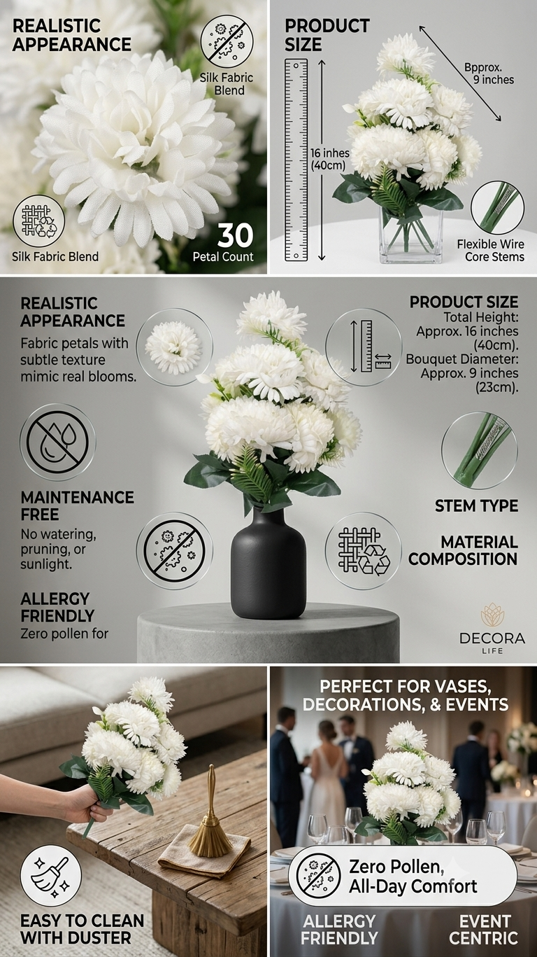 Artificial White Dahlia Bouquet with Green Leaves, Realistic Faux Flowers Bunch for Home Decor, Living Room, Bedroom, Office, Vase, Table Centerpiece, Wedding & Event Decoration
