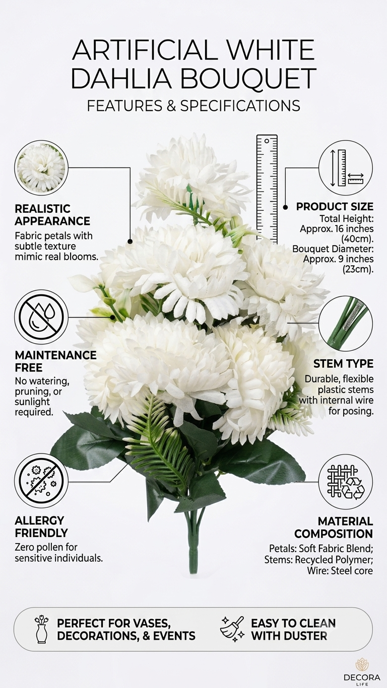 Artificial White Dahlia Bouquet with Green Leaves, Realistic Faux Flowers Bunch for Home Decor, Living Room, Bedroom, Office, Vase, Table Centerpiece, Wedding & Event Decoration