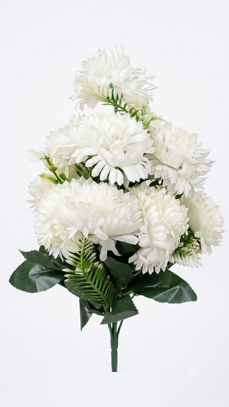 Artificial White Dahlia Bouquet with Green Leaves, Realistic Faux Flowers Bunch for Home Decor, Living Room, Bedroom, Office, Vase, Table Centerpiece, Wedding & Event Decoration