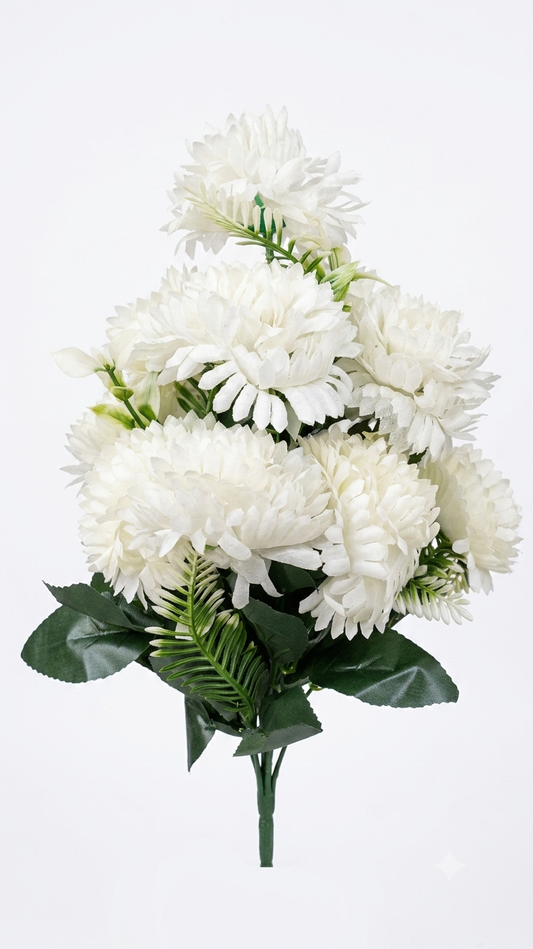 Artificial White Dahlia Bouquet with Green Leaves, Realistic Faux Flowers Bunch for Home Decor, Living Room, Bedroom, Office, Vase, Table Centerpiece, Wedding & Event Decoration