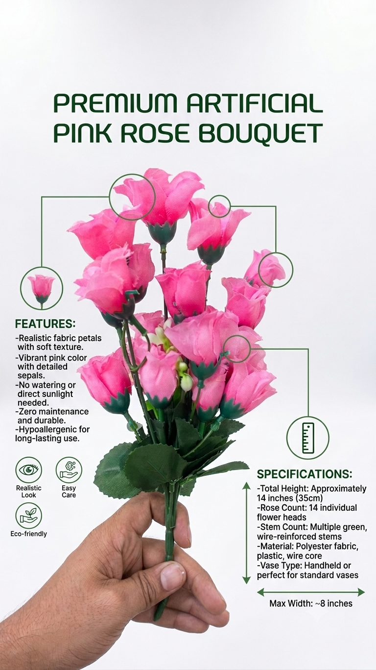 Artificial Pink Rose Bouquet 14 Heads, Realistic Faux Rose Flowers with Green Leaves & Flexible Stems, Decorative Flower Bunch for Home, Living Room, Bedroom, Office, Vase, Wedding & Event Decor